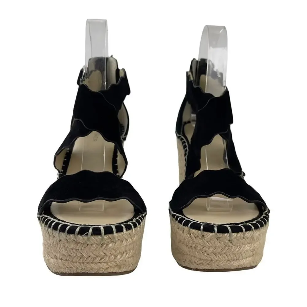 Marc Fisher Calita Black Suede Scalloped Crisscross Platform Espadrille Wedge 7M